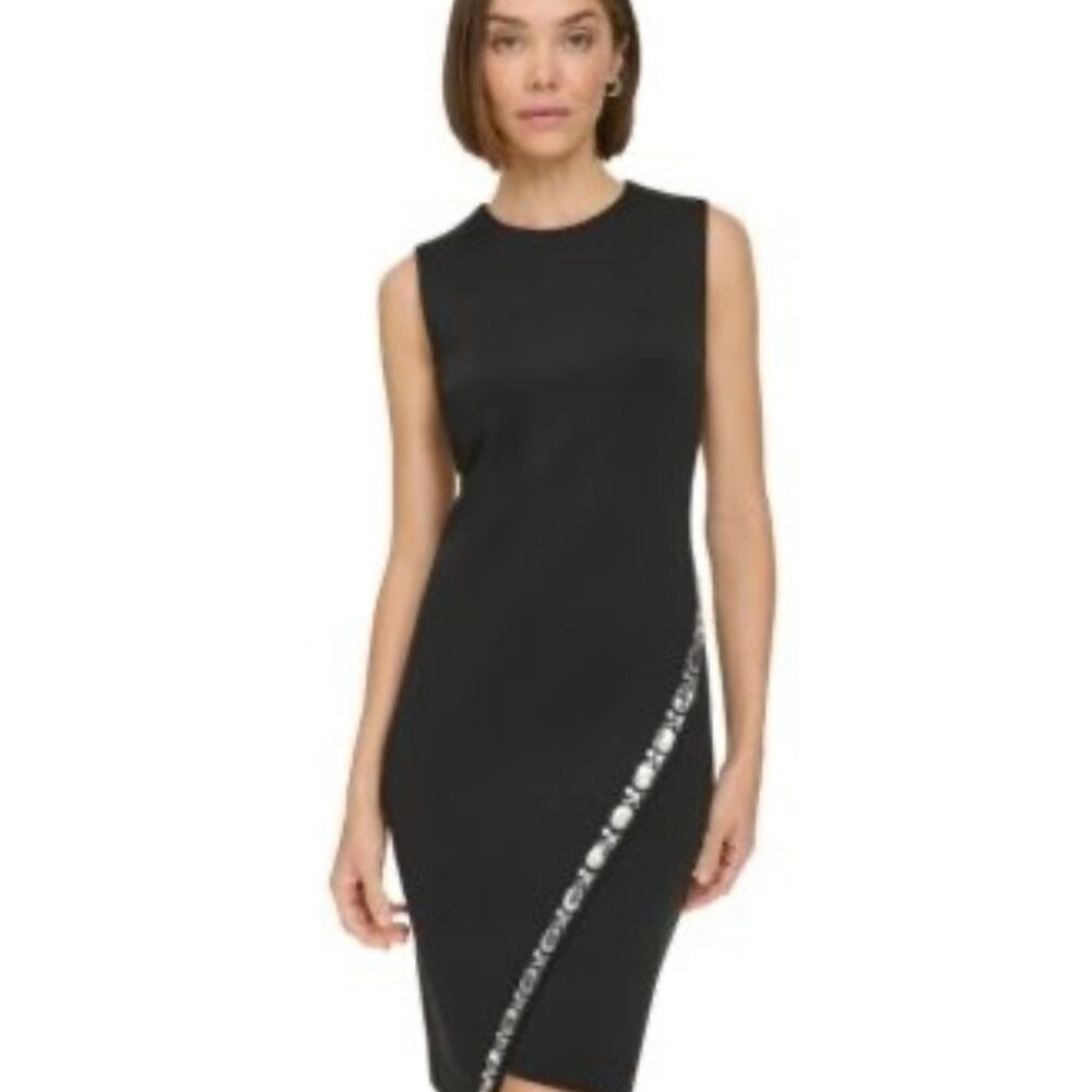 Tommy Hilfiger Womens Black Sleeveless Sheath Dress W/ Rhinestone Embellishment